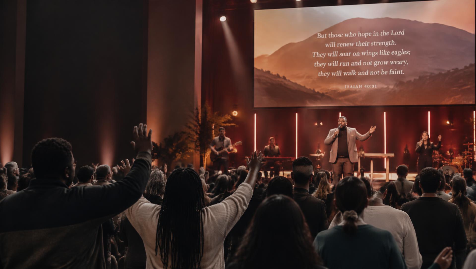 A church congregation worshipping while scripture appears on the sanctuary screen